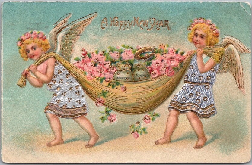 1908 HAPPY NEW YEAR Embossed Postcard Angel Girls w/ Pink Roses & Bags of Money