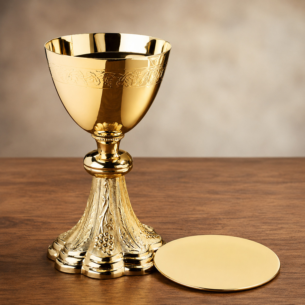 Gold Plated Engraved Brass Chalice and Paten Set with Grapes and Wheat Design