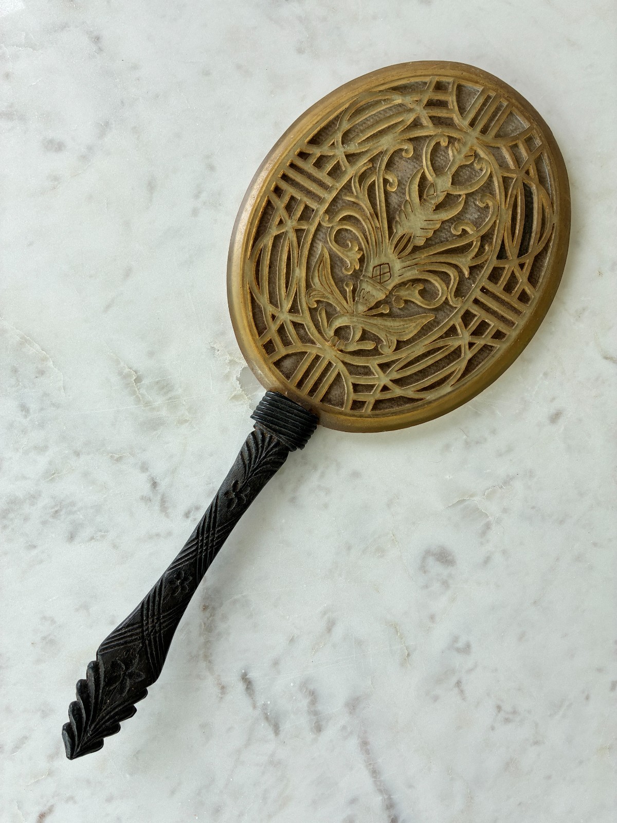 Vintage Celluloid Bakelite Hand Mirror Art Deco Ornate Vanity