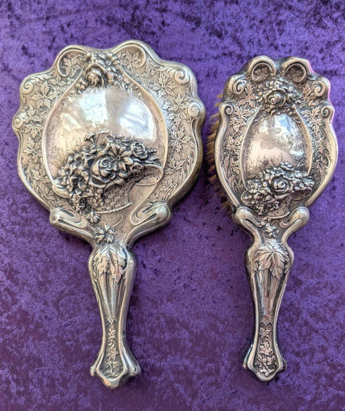 Antique Bevel Glass Hand Mirror & Hairbrush w' Beautiful Repousse Flower Basket