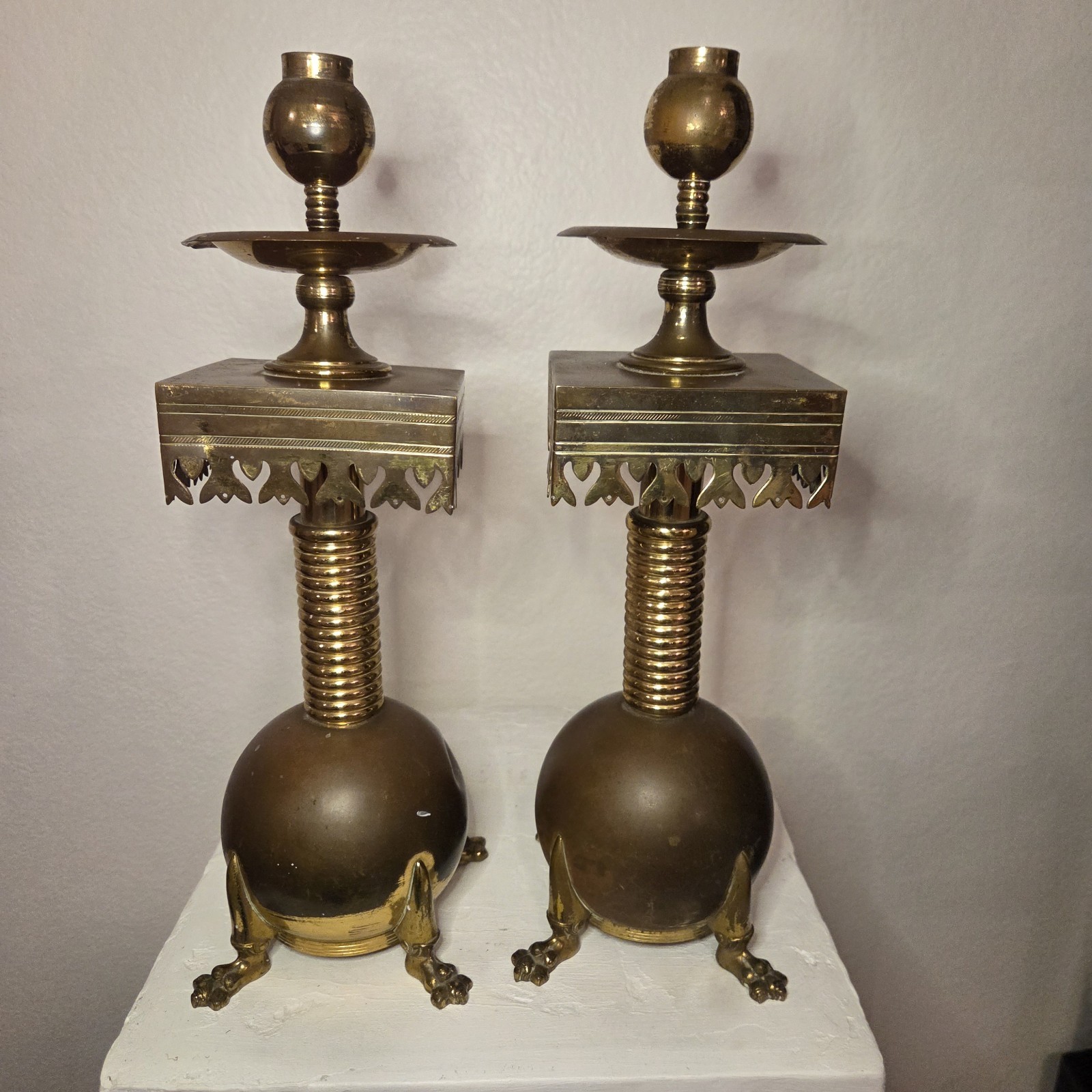 Antique VTG Victorian Baroque Ornate Brass Candle Holder Ball Claw Feet Set Of 2 Antique VTG Victorian Baroque Ornate Brass Candle Holder Ball Claw Feet Set Of 2