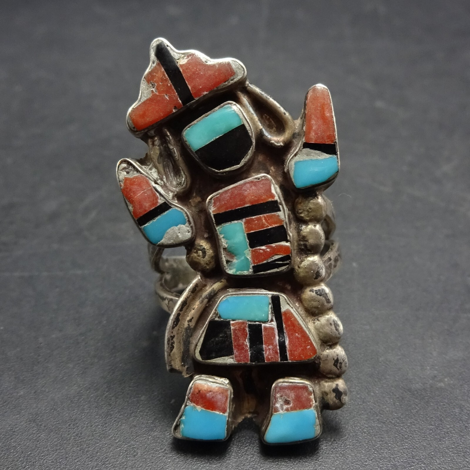 Old RAINBOW MAN INLAY Sterling Silver RING size 6.5  Vintage Pawn Zuni 1960s