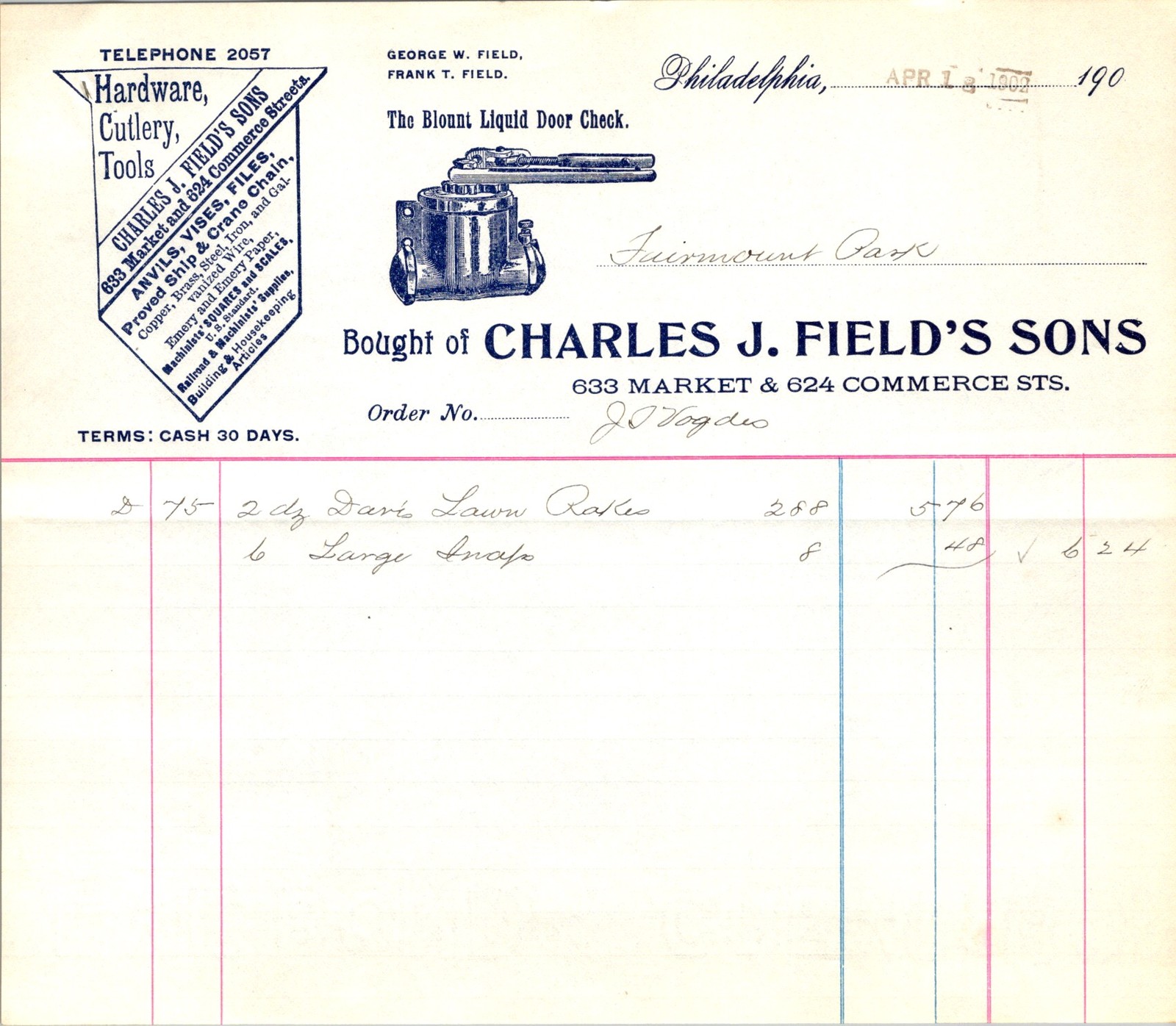 Charles J Fields Sons Invoice 1902 Philadelphia Hardware Store Door Check