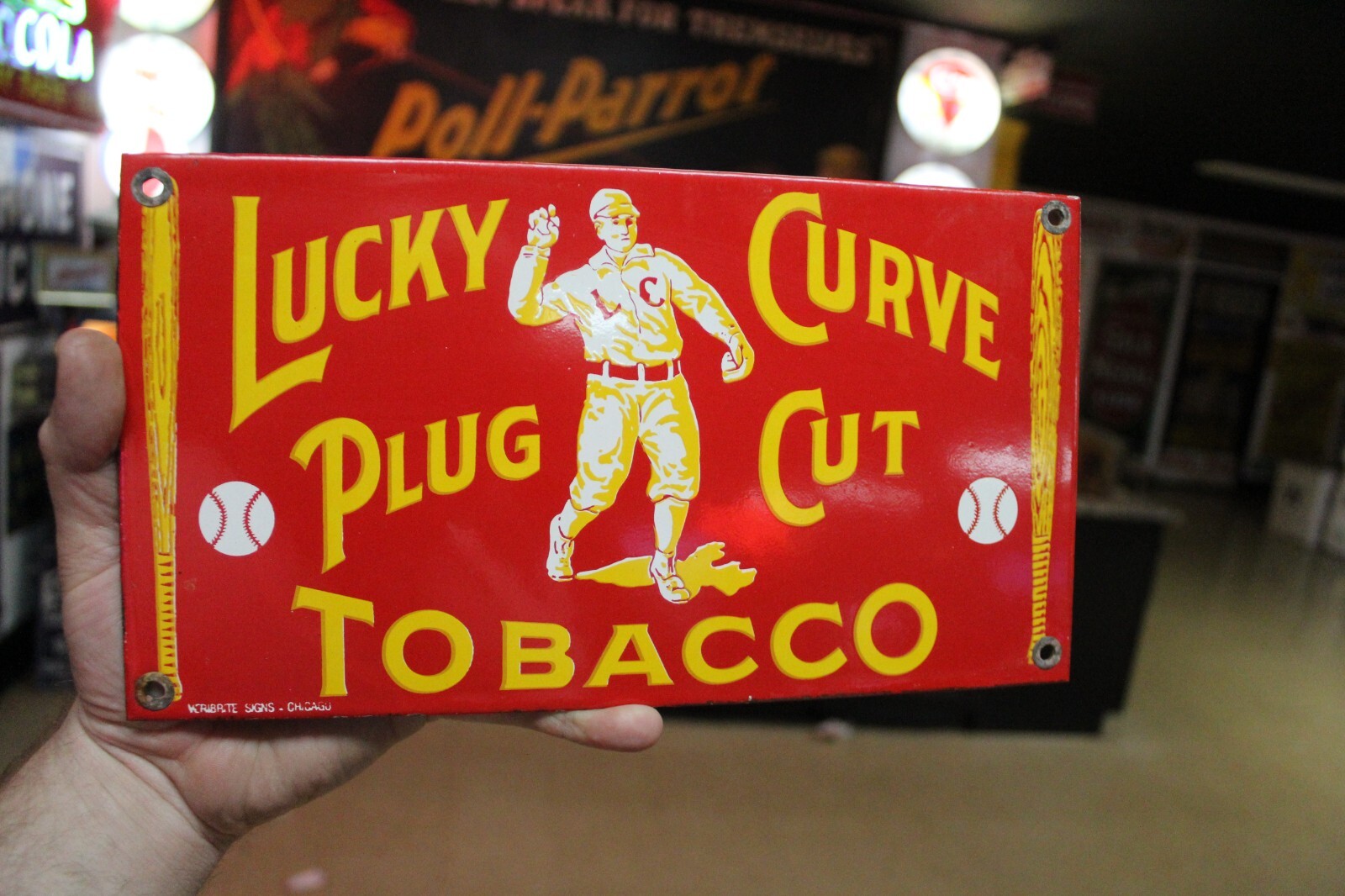 RARE LUCKY CURVE CUT TOBACCO DEALER PORCELAIN METAL SIGN BASEBALL RUTH MLB YORK