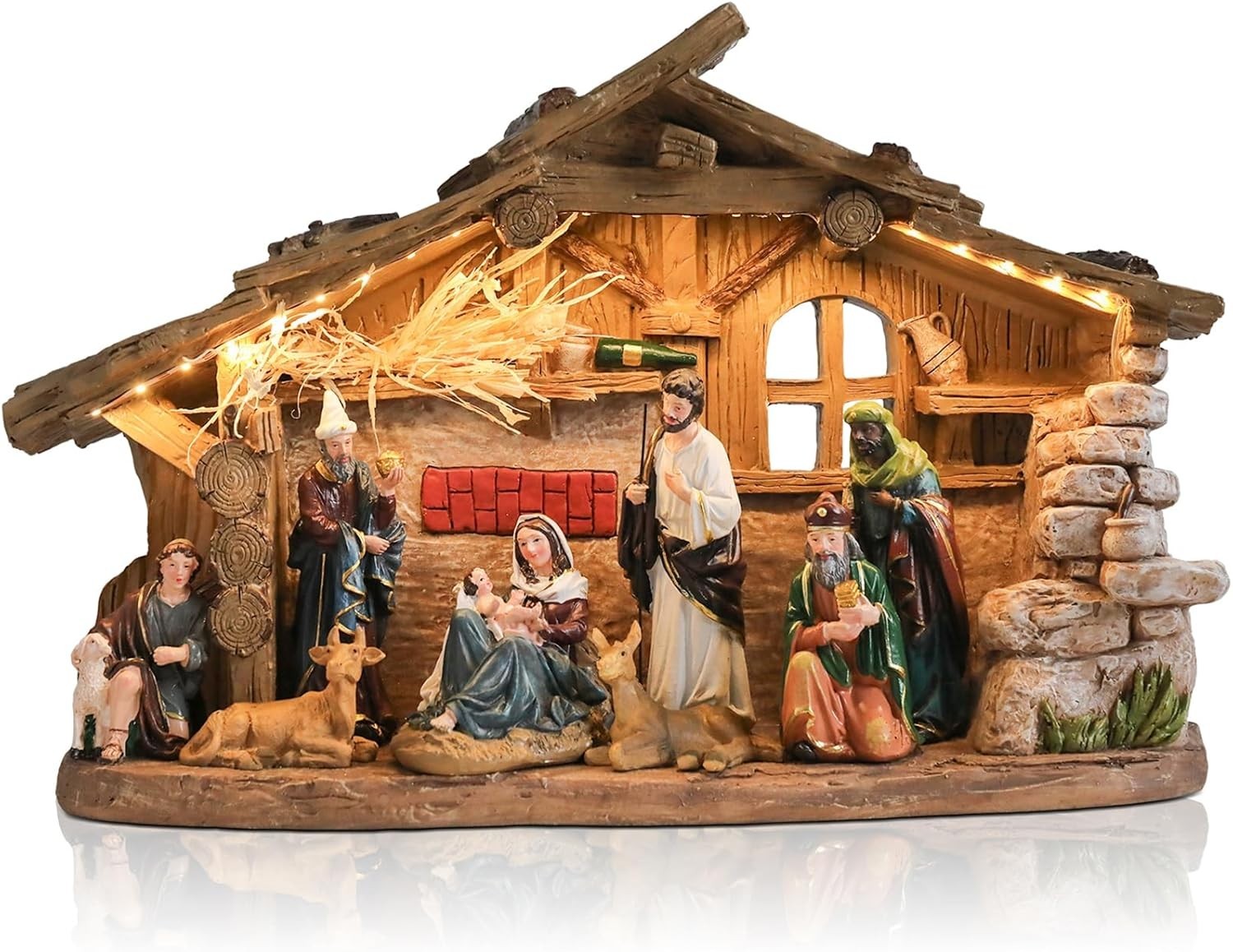 Nativity Scene Figurine Set LED Lights Music Resin 15.6