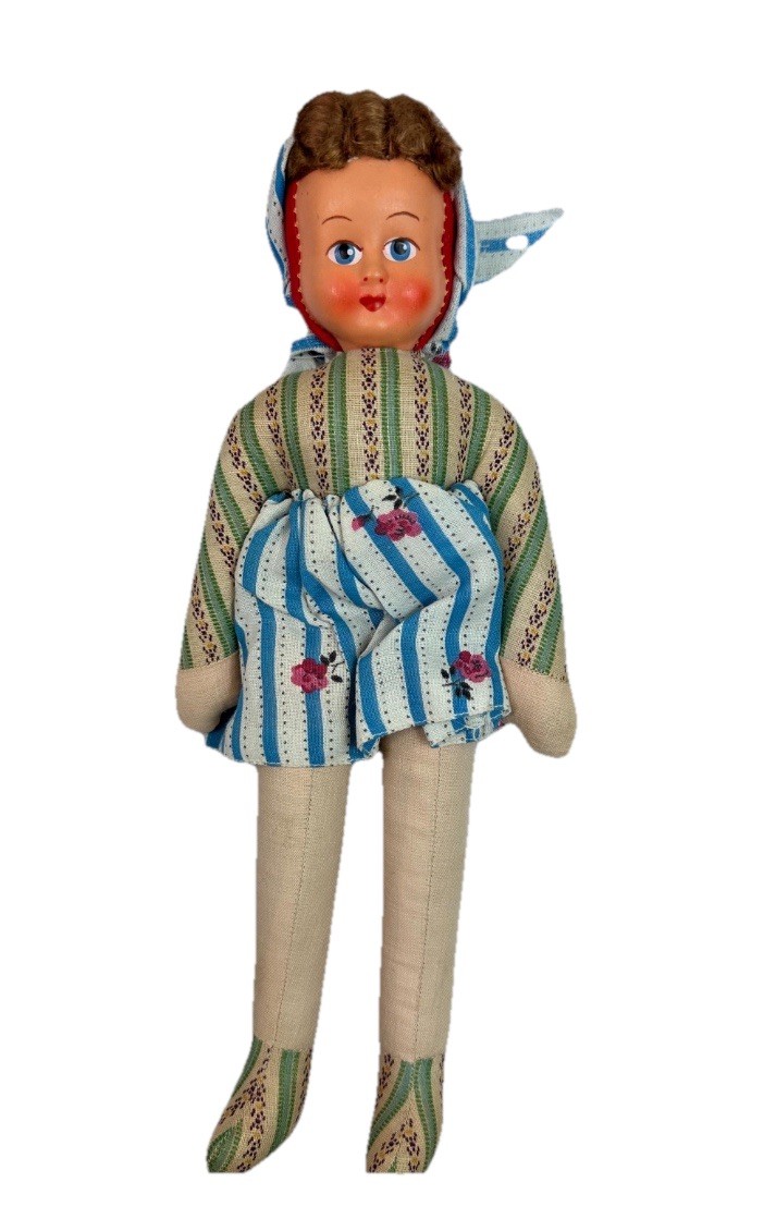 1940s Polish Celluloid Face Doll Sawdust Stuffed Babushka Doll Poland 12” Folk