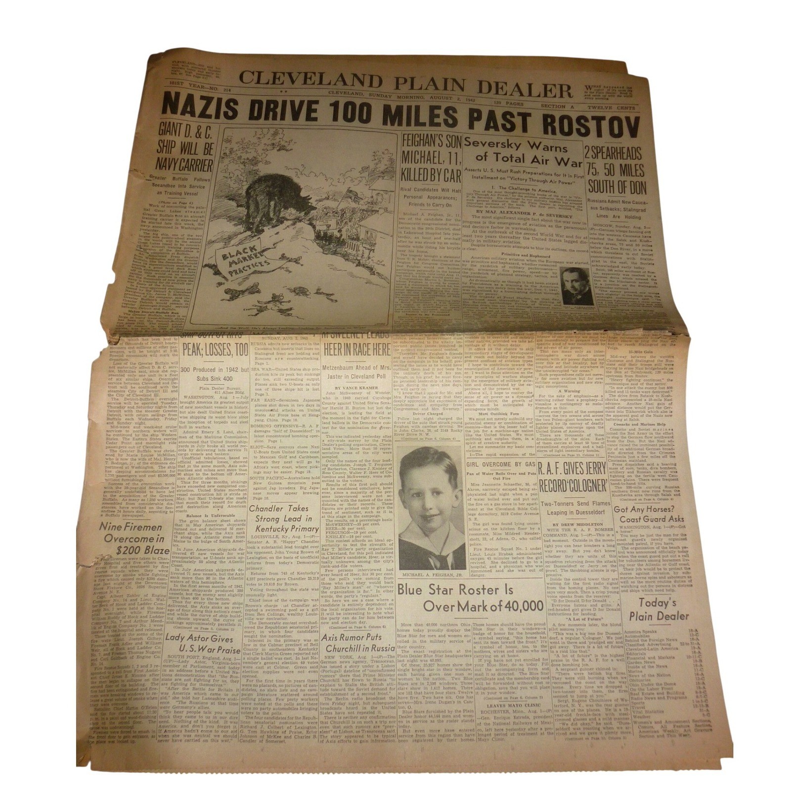 Vintage WWII Newspaper Cleveland Plain Dealer Aug 2 1942 Nazi Rostov Headline