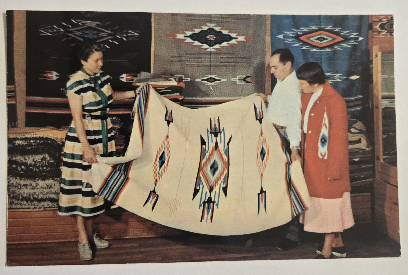 Chimayo Blanket Ortega\'s Weaving Shop Chimayo  New Mexico Vtg Postcard J21 