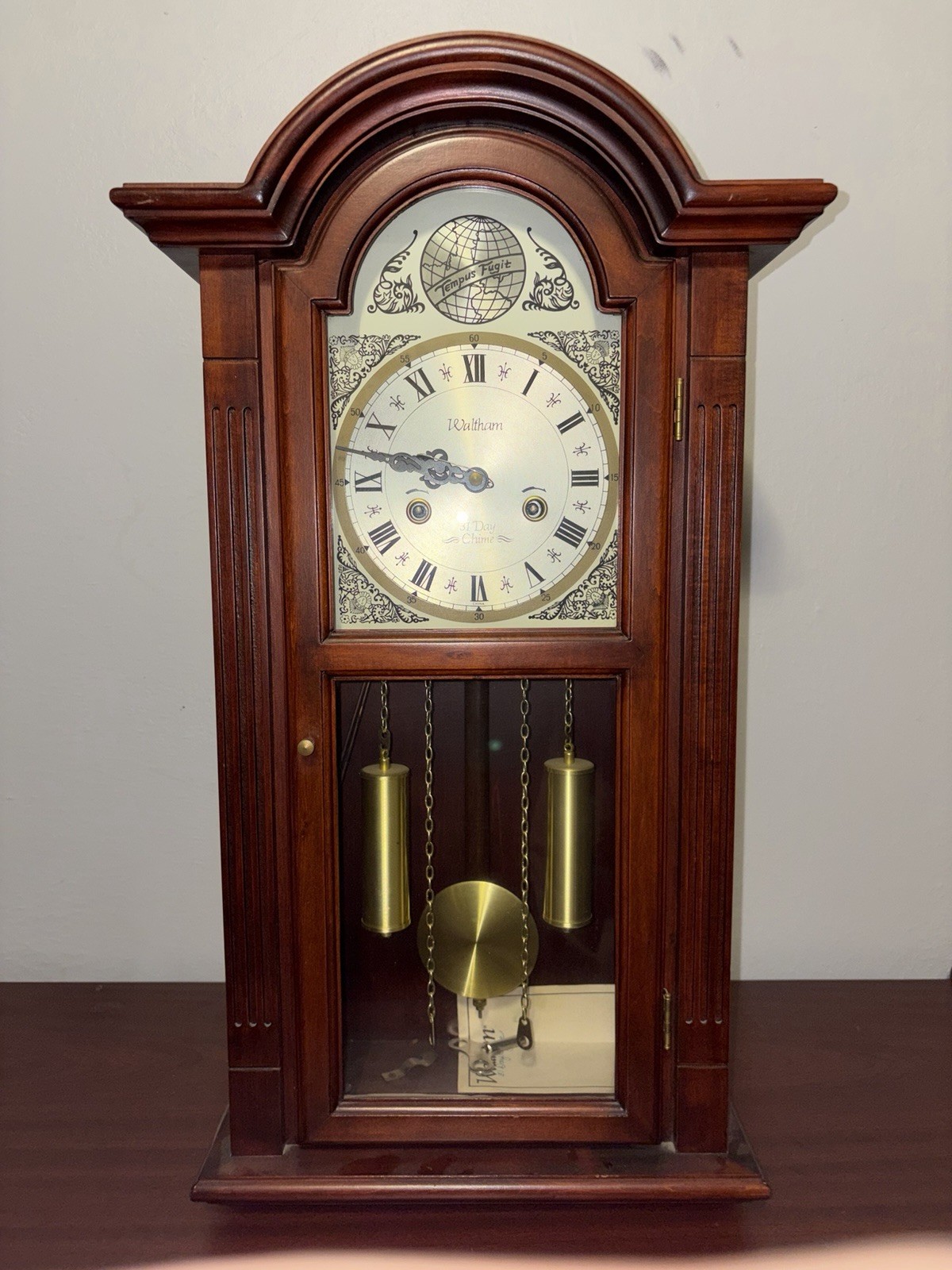 Vintage Waltham 31 Day Wall Clock Tempus Fugit Chime with Pendulum & Key Working
