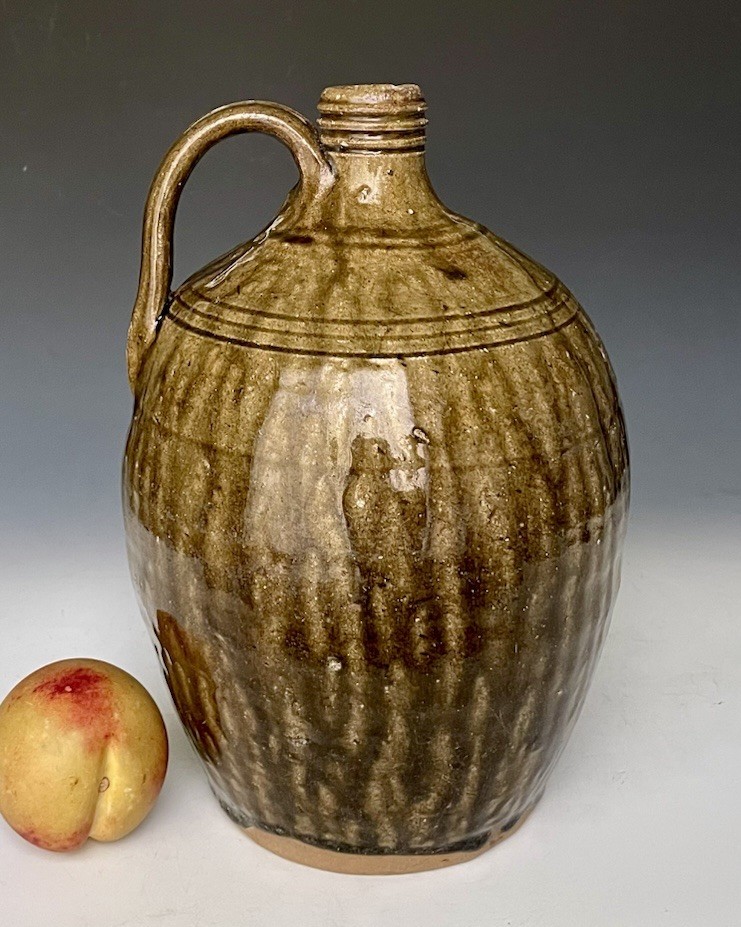 Antique Ovoid Stoneware Jug w/ Alkaline Glaze & Incised Rings, Catawba Valley NC