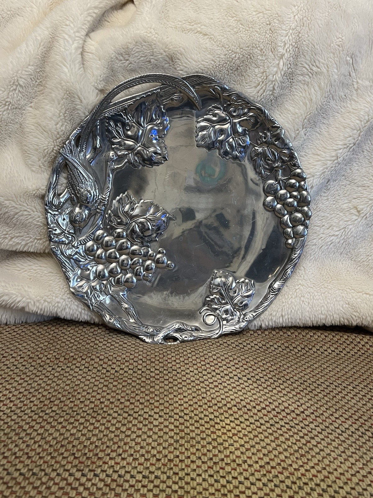 Arthur Court Grape Leaf Bird Round Tray 12 Inch Handled RARE