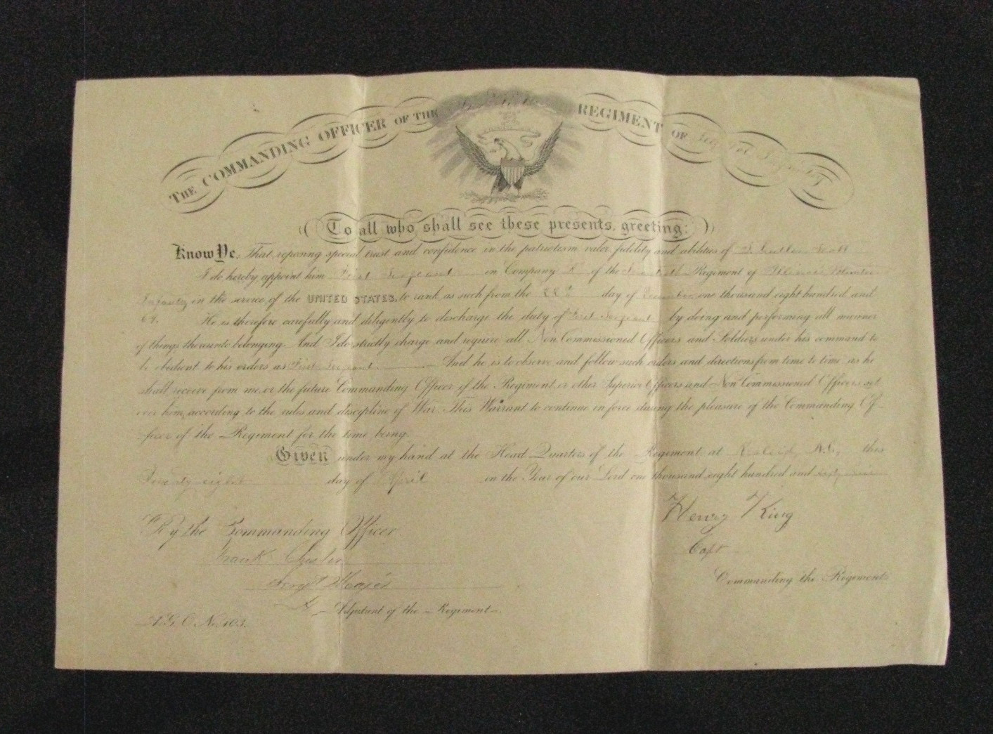 CIVIL WAR RALEIGH NORTH CAROLINA SURRENDER 1865  ILLINOIS OFFICERS COMMISSION