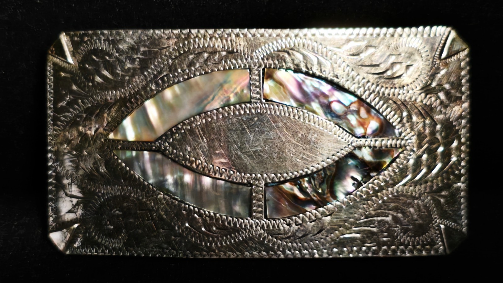 Vintage Western Belt Buckle Hand Engraved Abalone Shell Inlay Alpaca Silver 58g