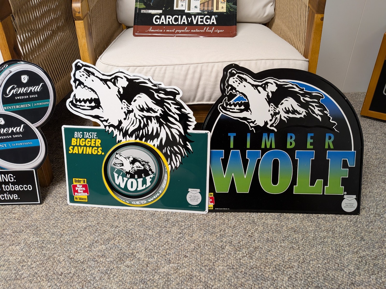 2- Different Original Timber Wolf Snuff Metal Signs+ NOS- Pinkerton Tobacco...