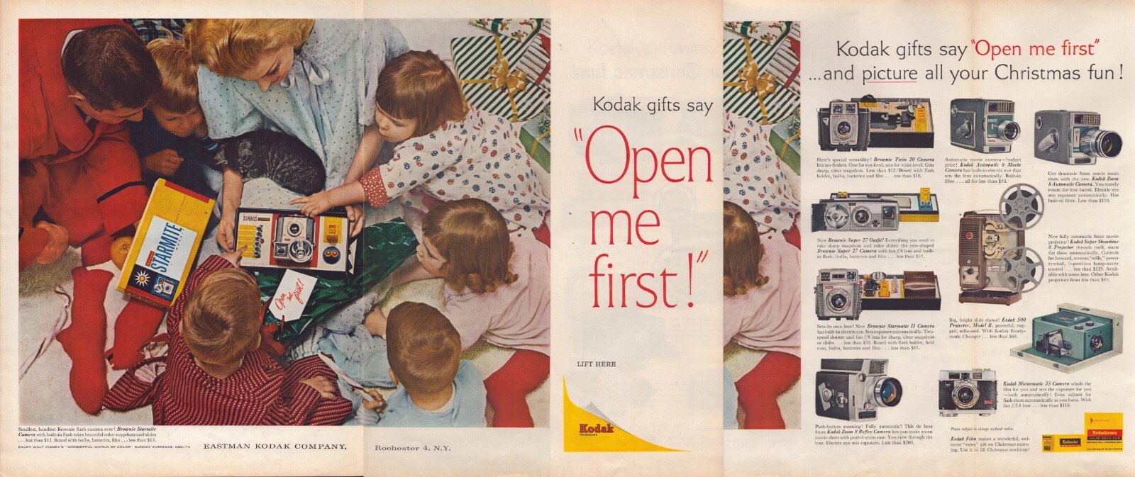 1961 Kodak Cameras THREE PAGE Print Ad Christmas Morning Gifts Family Tree Cat