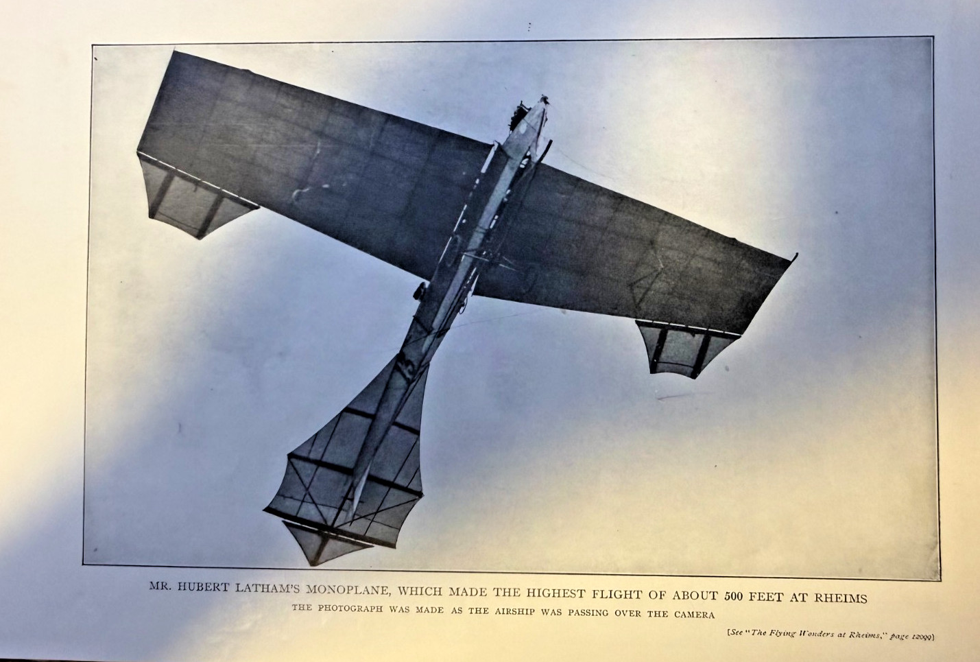 1909 Vintage Illustration Hubert Latham Monoplane in Flight At Rheims