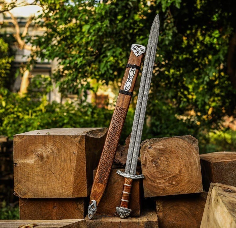 Handmade Damascus Viking Brown Sword with Scabbard –Norse Replica by SkaldBlades