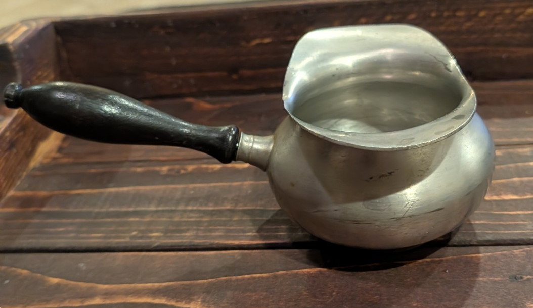 Vintage Pewter Small Sauce Pan Porringer Wood Handle Primitive Kitchen Decor