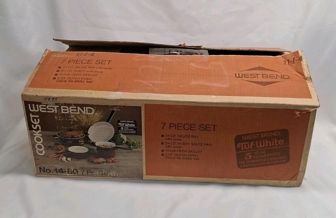 NEW Vtg West Bend 70s 80s 7 Piece Cookware Set w/ Lids Porcelain on Steel w/ Box