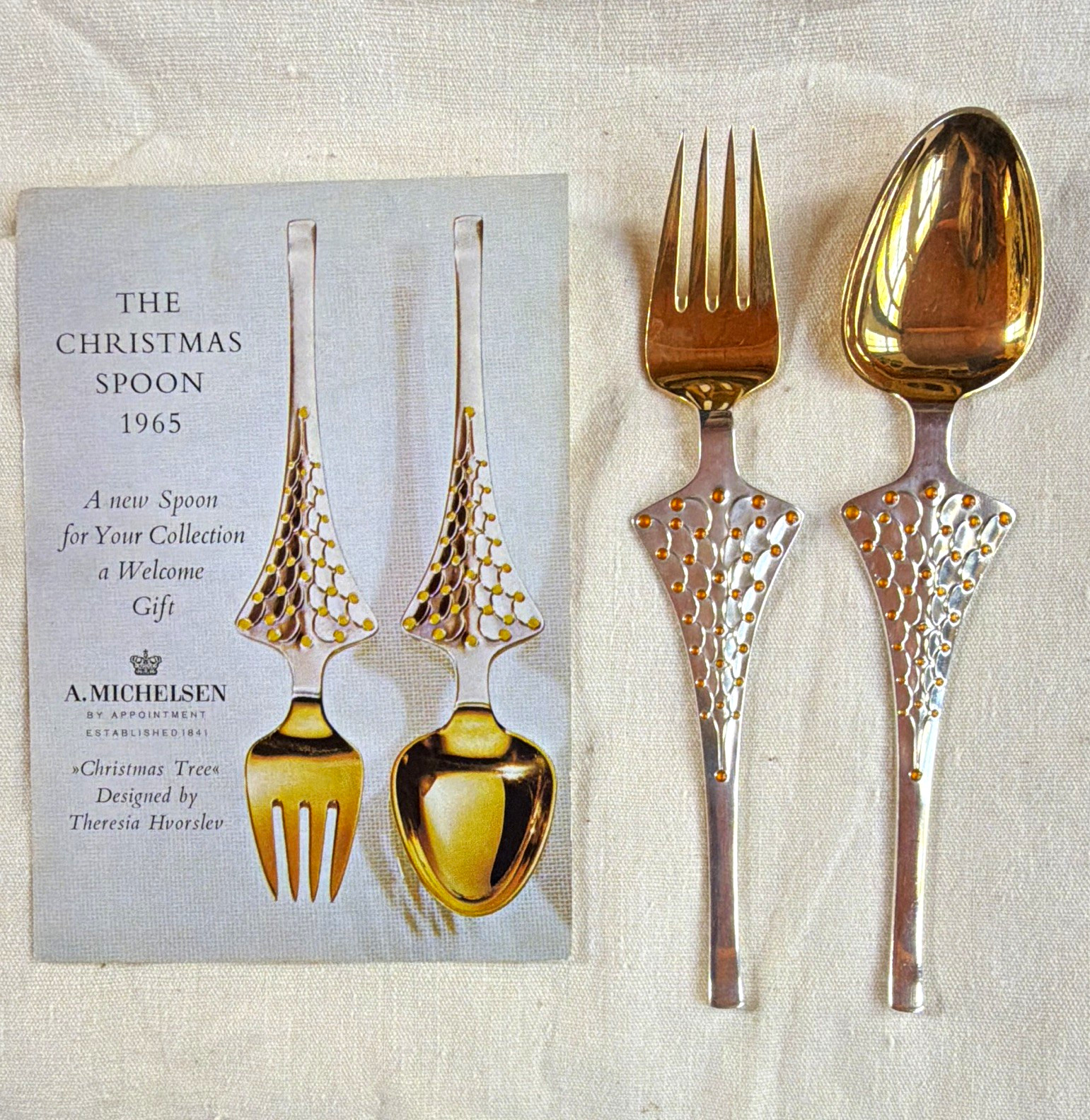 A. Michelsen Christmas Spoon 1965 Sterling Silver Gold Plated Fork & Spoon