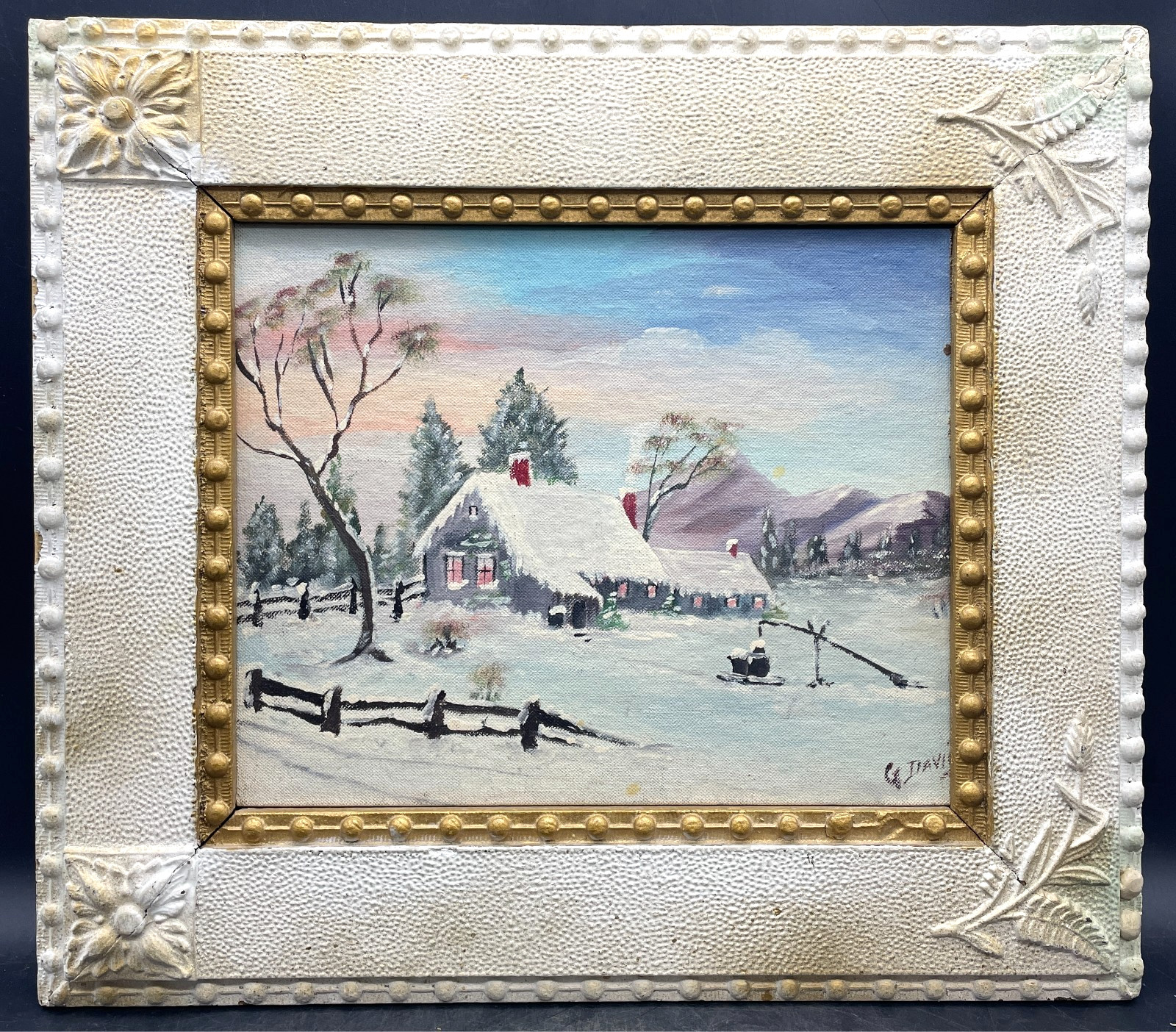 Original Signed G. Davis Folk Art Painting Winter Landscape Exquisite Frame 17\