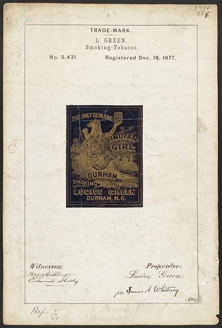 Photo:Durham NC 1877 Indian Girl Smoking Tobacco Trade-Mark Label