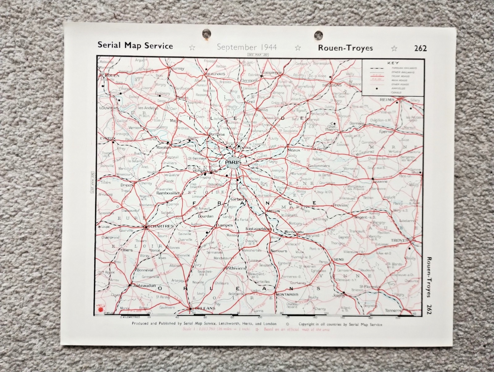 Rouen to Troyes, France - 1944 Vintage WW2 Serial Map Service Map