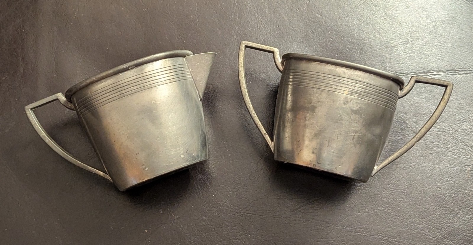 Charming Handmade Art Deco Creamer and Sugar Bowl Set Pewter 