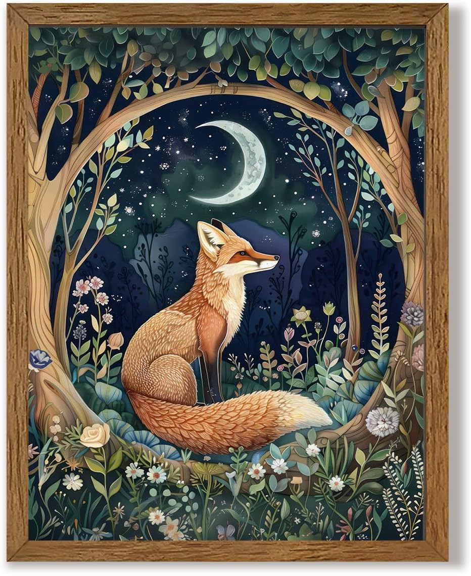 Framed Fox and Moon Decor Whimsical Forest Animal Wall Art 8X10 In