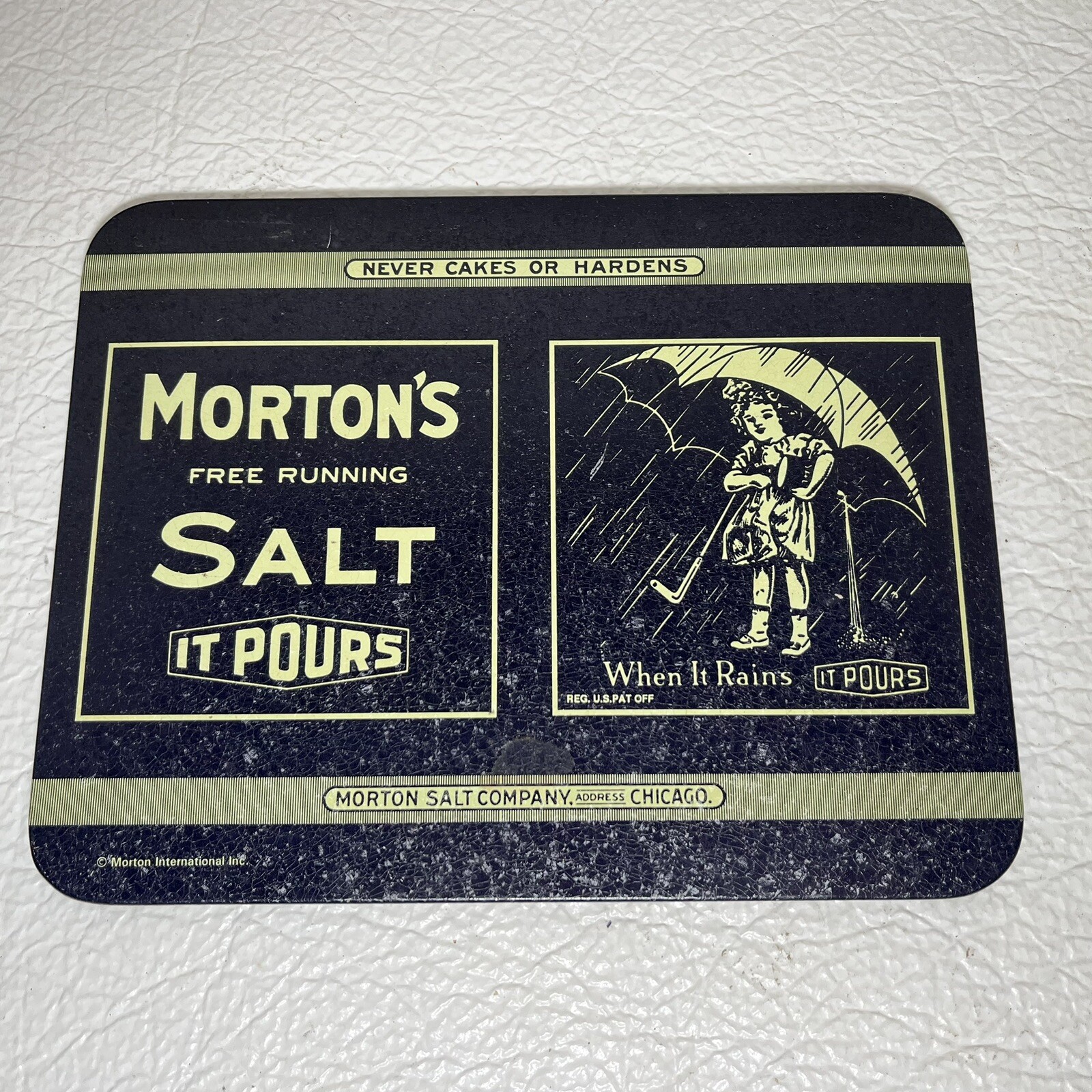 Morton Salt hot pad Trivet Blue White 8.25” L .6.5” W