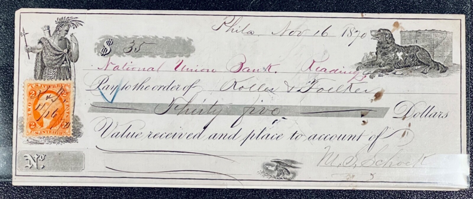 1870 Philadelphia Bank Note November 16, 1870 With Vintage Stamp From That Era