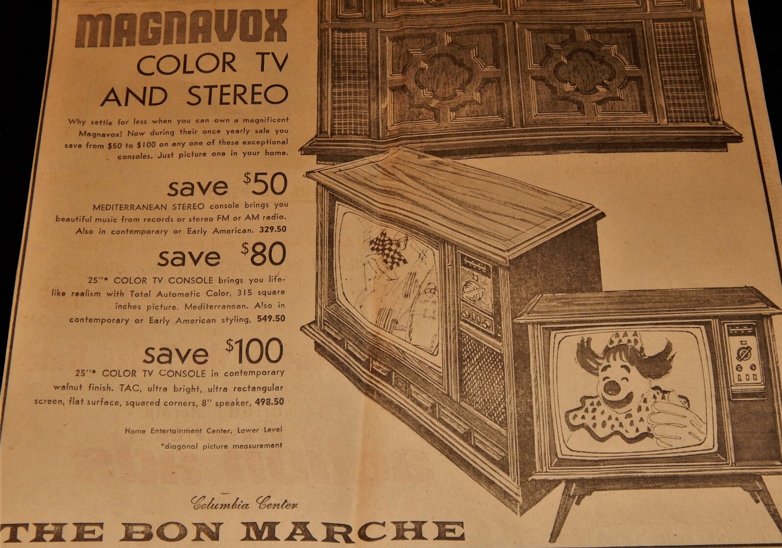Vintage Advertisement, KENNEWICK, WA, 1971, COLUMBIA CENTER, The Bon Marche,TV's Vintage Advertisement, KENNEWICK, WA, 1971, COLUMBIA CENTER, The Bon Marche,TV's