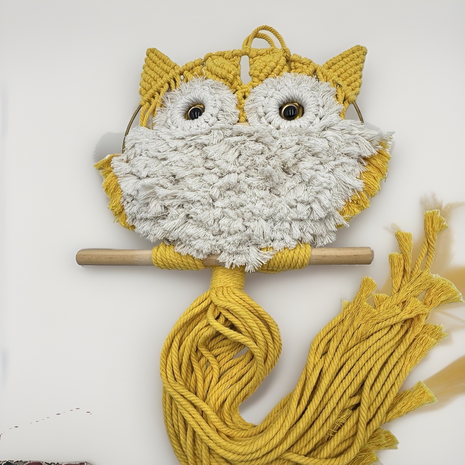 Vtg 1970s Macrame Owl Wall Hanging Yellow Boho Jute Fiber Art Beaded Wood 28”