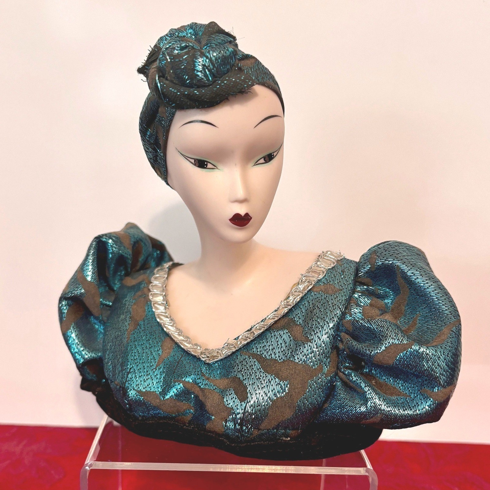 Vintage Porcelain Bust Asian Woman Shimmering Teal Dress Hand Painted 1970s 6\