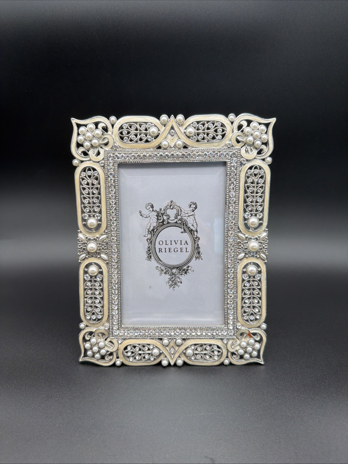 Olivia Riegel Pearl Crystal Jeweled Picture Frame 8” x 6” Ivory Silver Glam