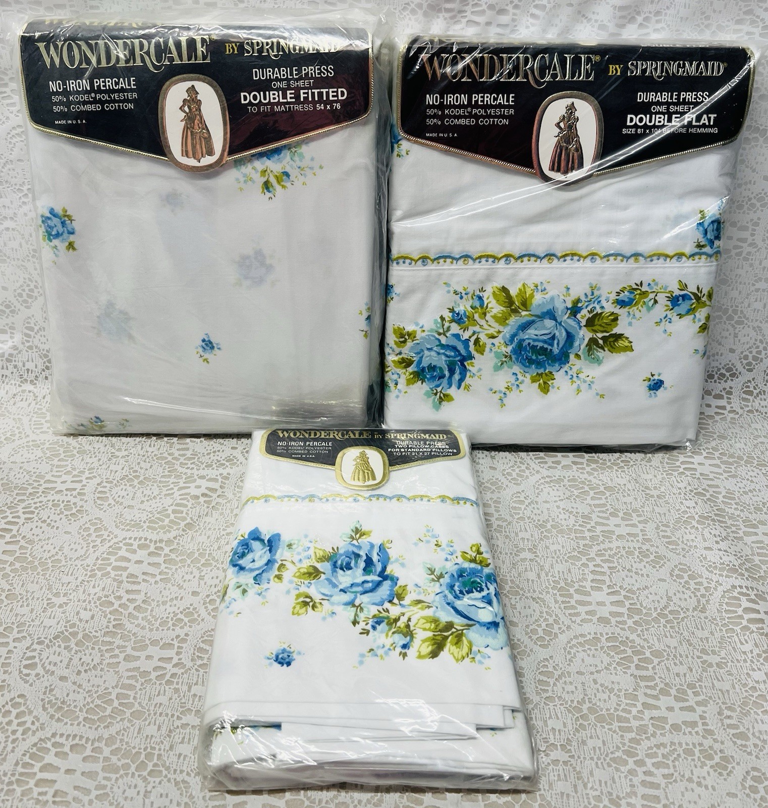 Vintage Springmaid Wondercale Double Bed Sheet Set Blue Roses 1970\'s NOS