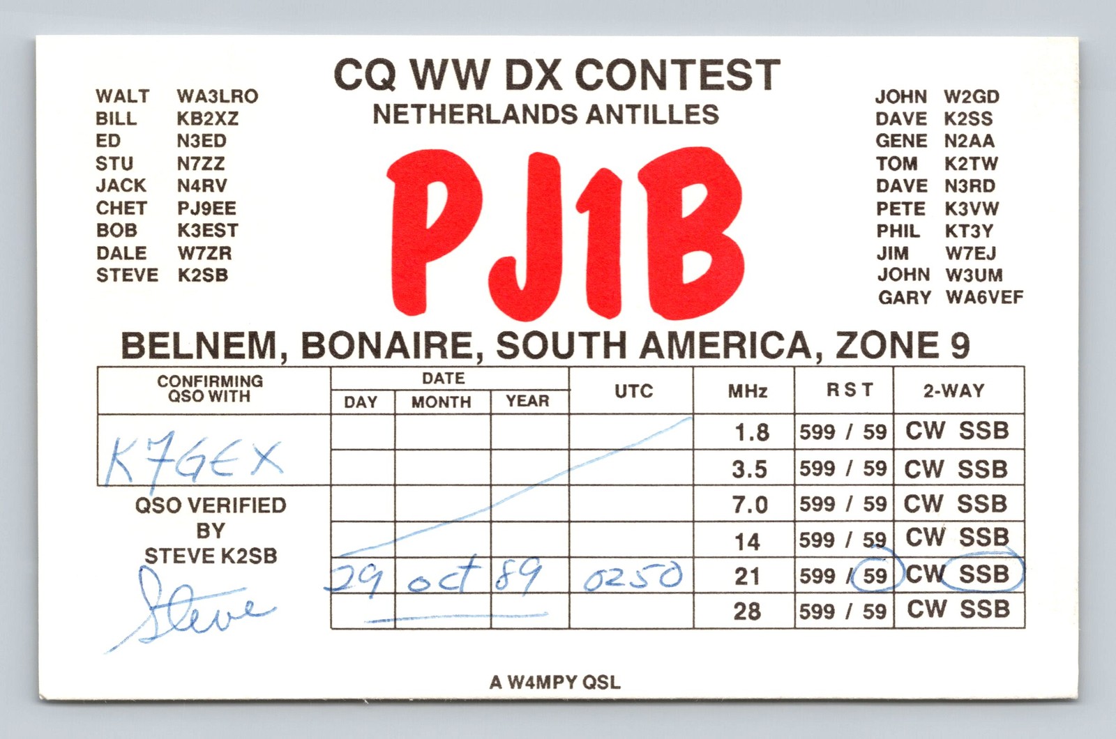 Ham Radio QSL PJ1B Netherlands Antilles Bonaire 1989 CQ WW DX Contest