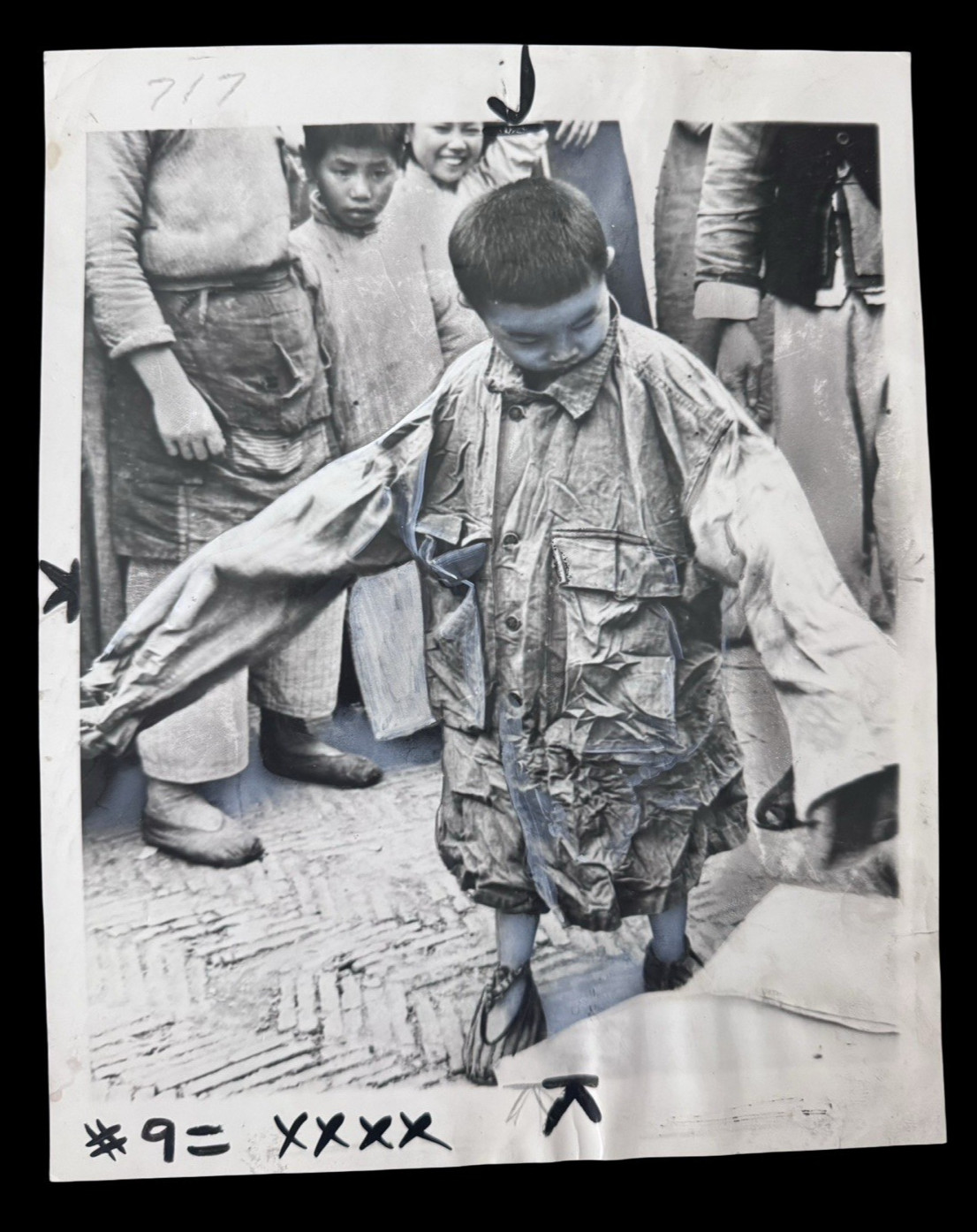 Original 1946 China Relief Press Photo Boy Wearing U.S. Army Clothing WWII Aid