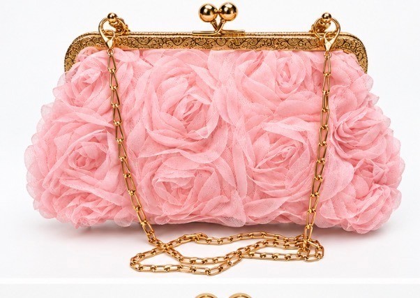 Elegant Pink Floral Rosette Clutch Purse with Gold Chain and Frame Elegant Pink Floral Rosette Clutch Purse with Gold Chain and Frame