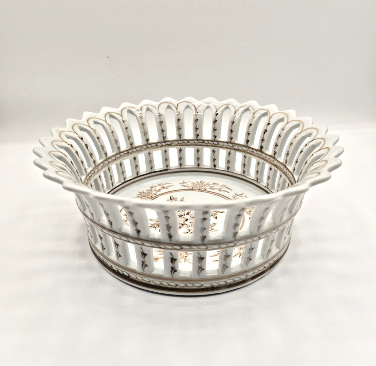 Vintage Spanish Porcelain Centerpiece Bowl Reticulated Design and Floral Motif