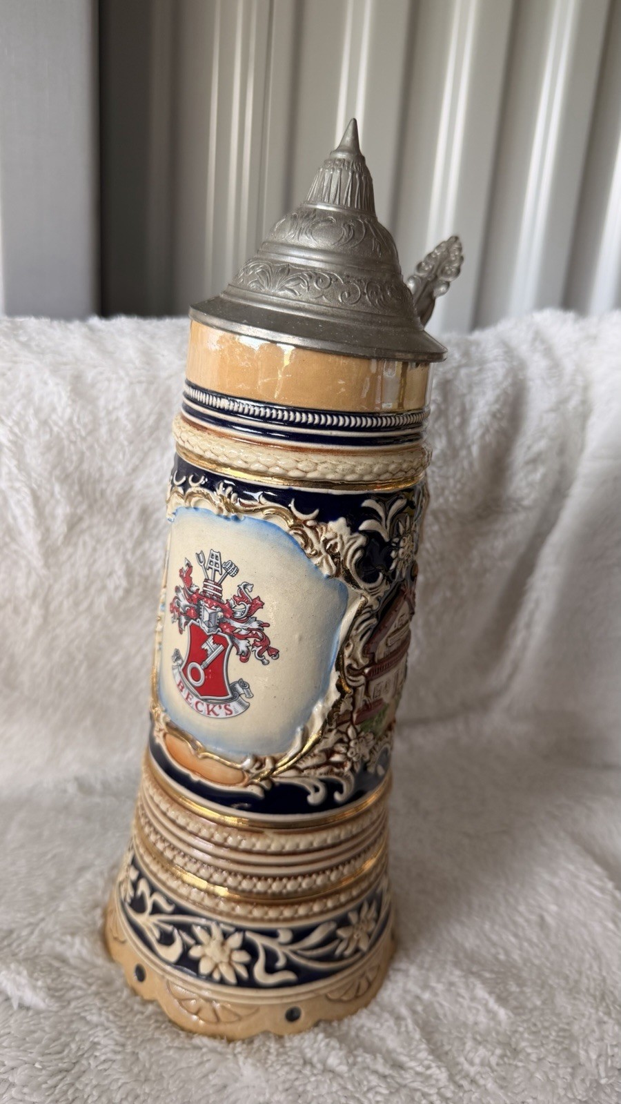 Vintage German Beer Stein Beck’s Brewery Pewter Lid Ornate Ceramic Tankard