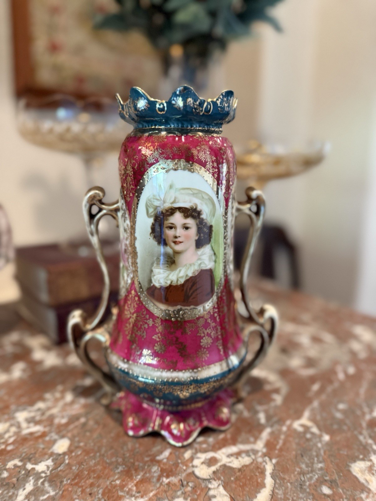 Antique Royal Vienna Germany 10” Portrait Vase Pink Cobalt Gilt Ornate Handles Antique Royal Vienna Germany 10” Portrait Vase Pink Cobalt Gilt Ornate Handles
