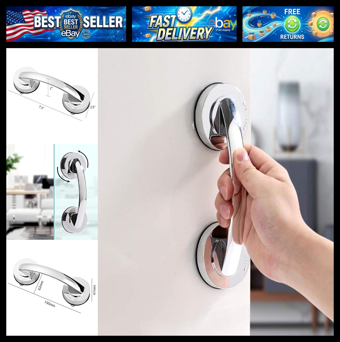 WANLIAN-Powerful Suction Cup Glass Mirror Door Handle, Refrigerator Drawer Bathr