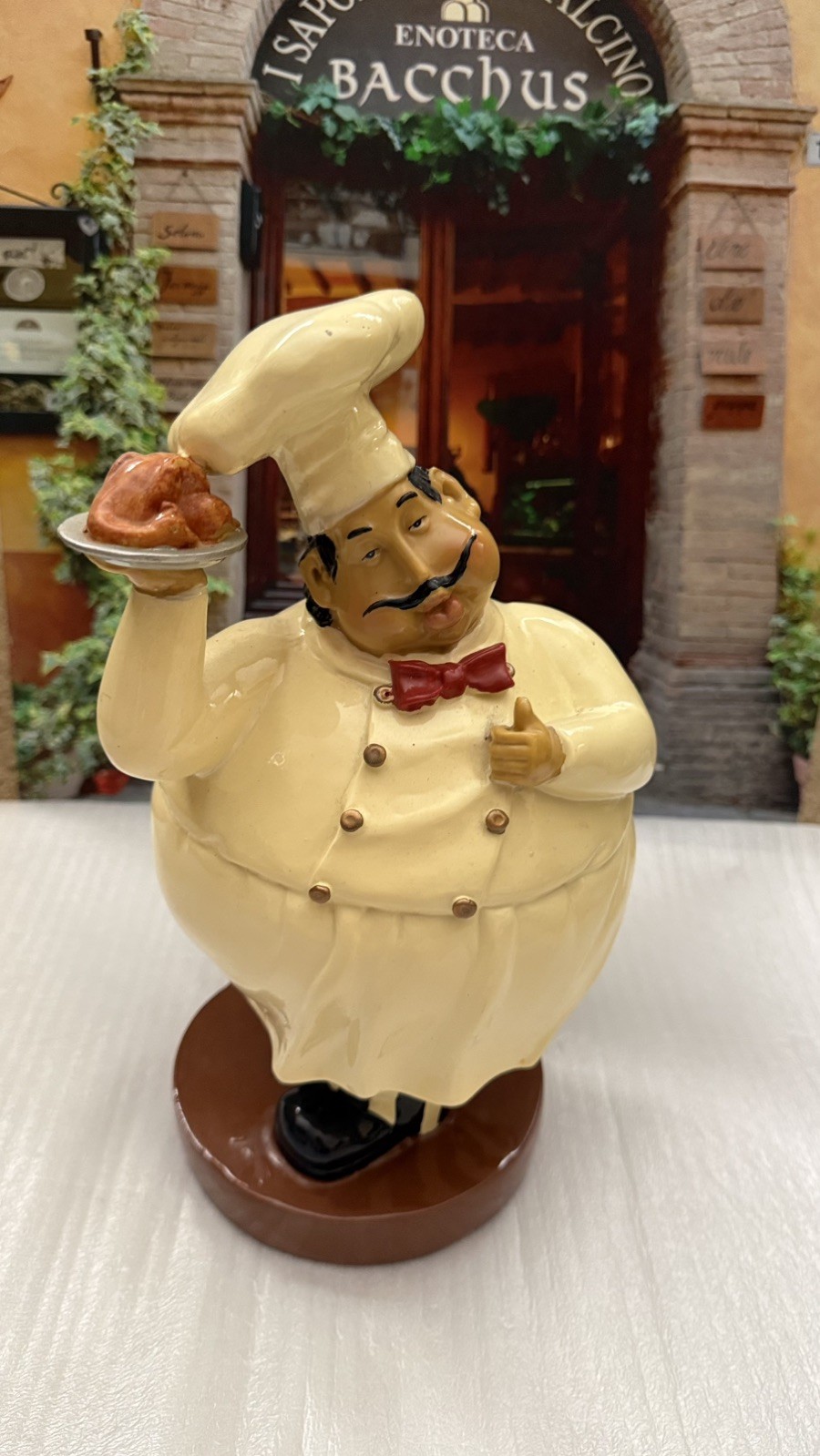 Large Chef Figurine Resin Painted White Black Stripe Pants Kitchen Decor - RARE