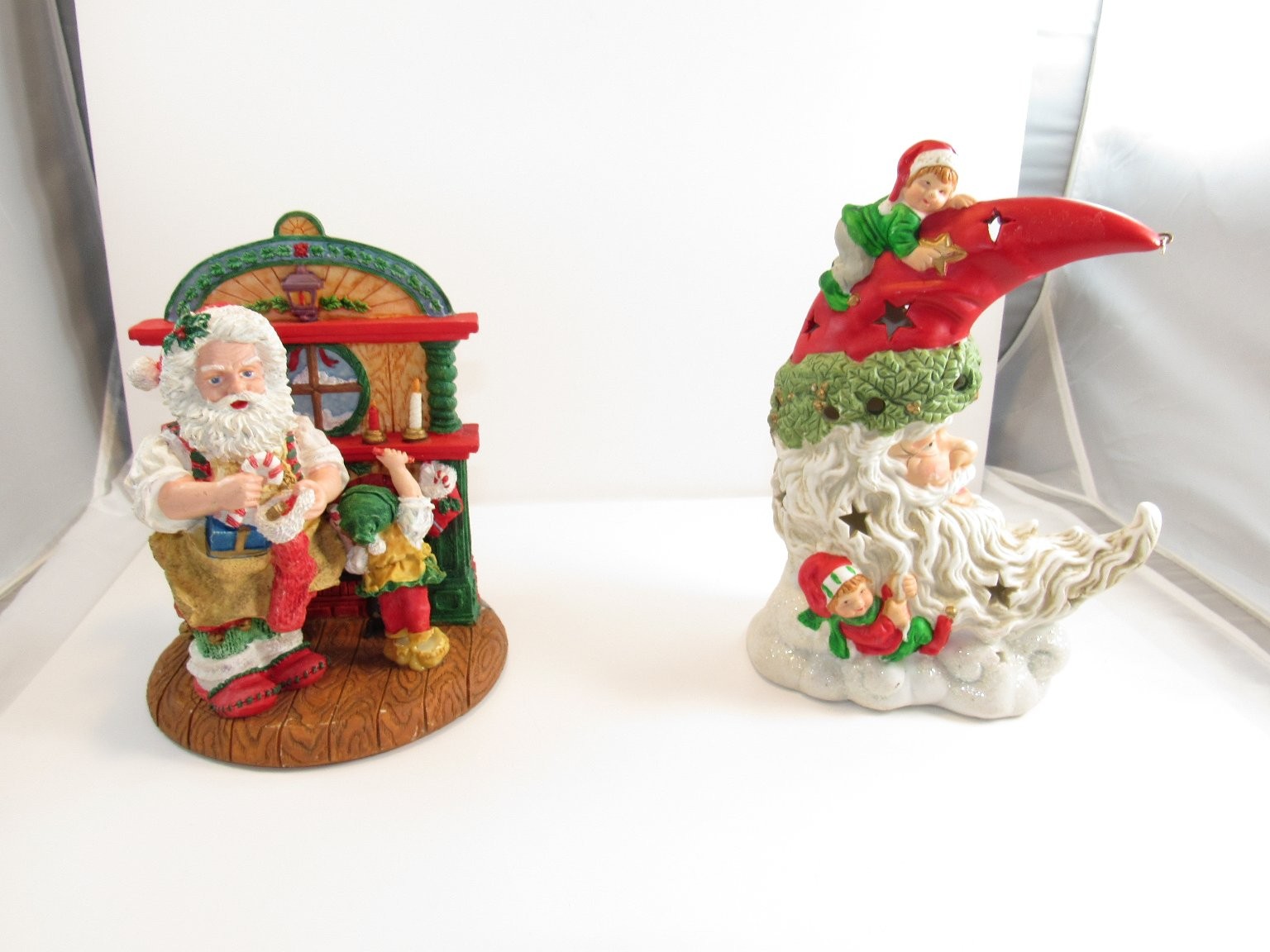 Cheryl Ann Santa Workshop & Moon with Elves Porcelain Christmas Figurines