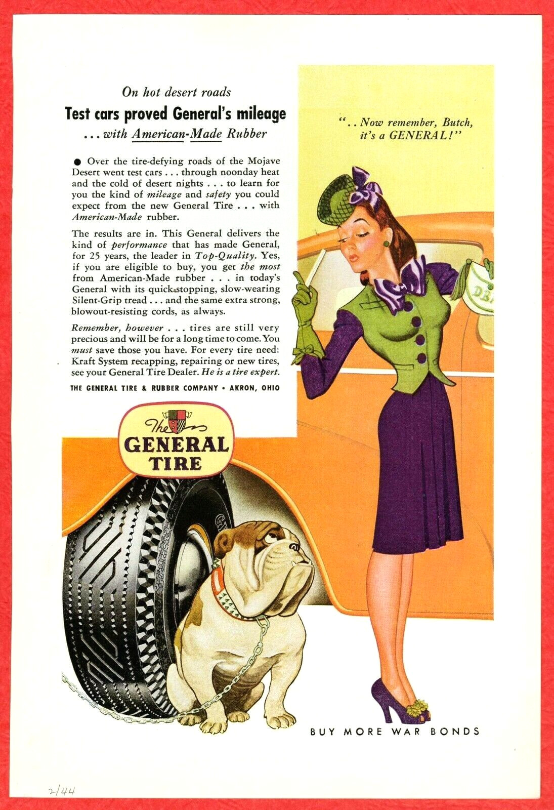 1944 General Tire Ad ~ BULLDOG ~ Sad Bull Dog and a Lady in a Hat