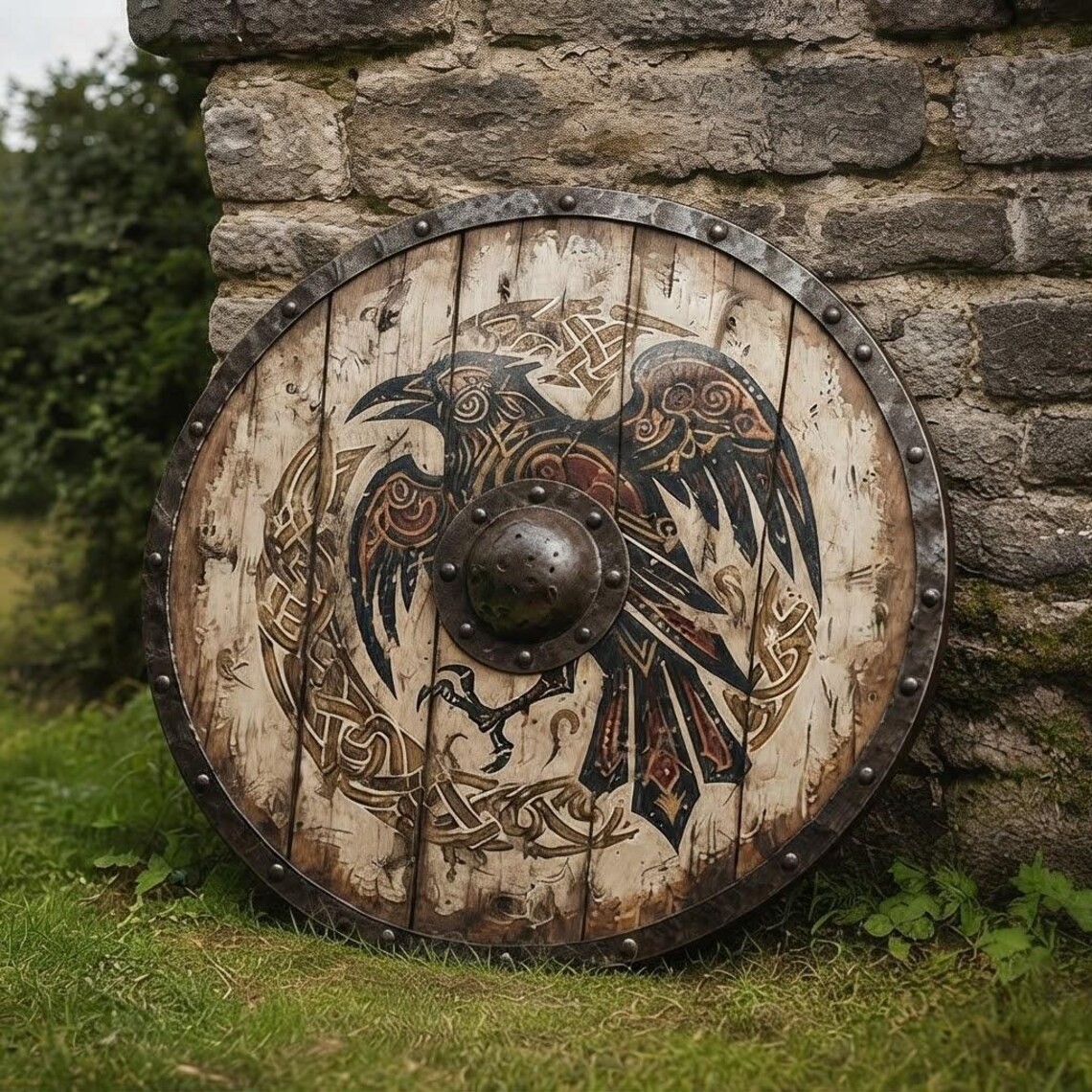 Handmade Viking Shield – Norse Raven Wall Decor, Solid Wood Medieval Round Shiel Handmade Viking Shield – Norse Raven Wall Decor, Solid Wood Medieval Round Shiel