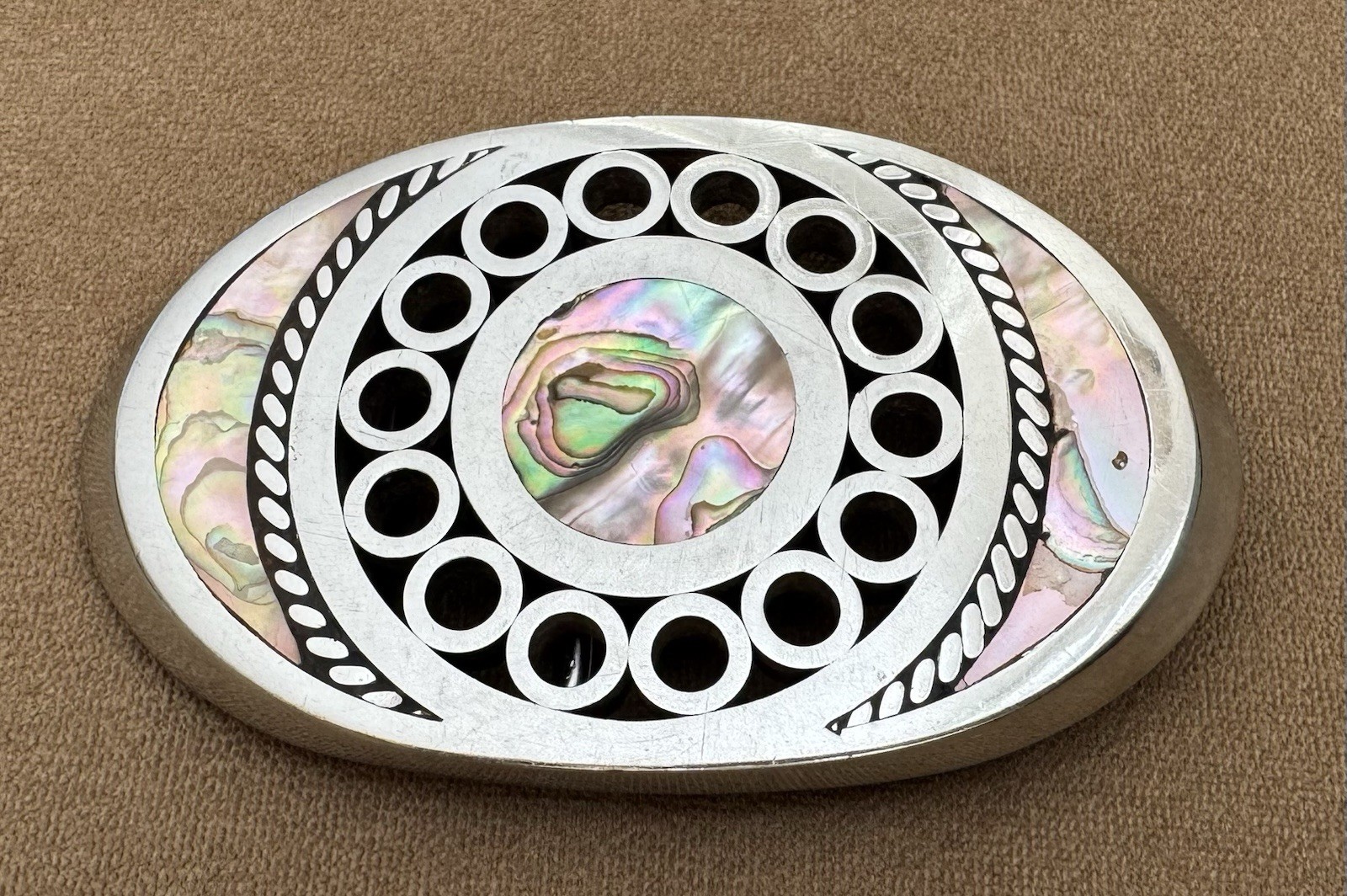 Rare Vintage Handcrafted Stainless Steel Abalone Inlay Western Belt Buckle