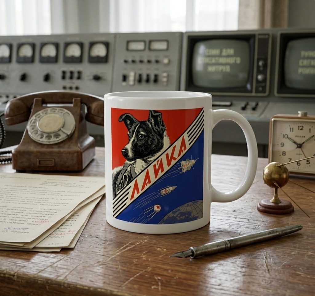 Retro Laika Space Dog Ceramic Mug 11oz - USSR Soviet Space Program 1957 Vintage