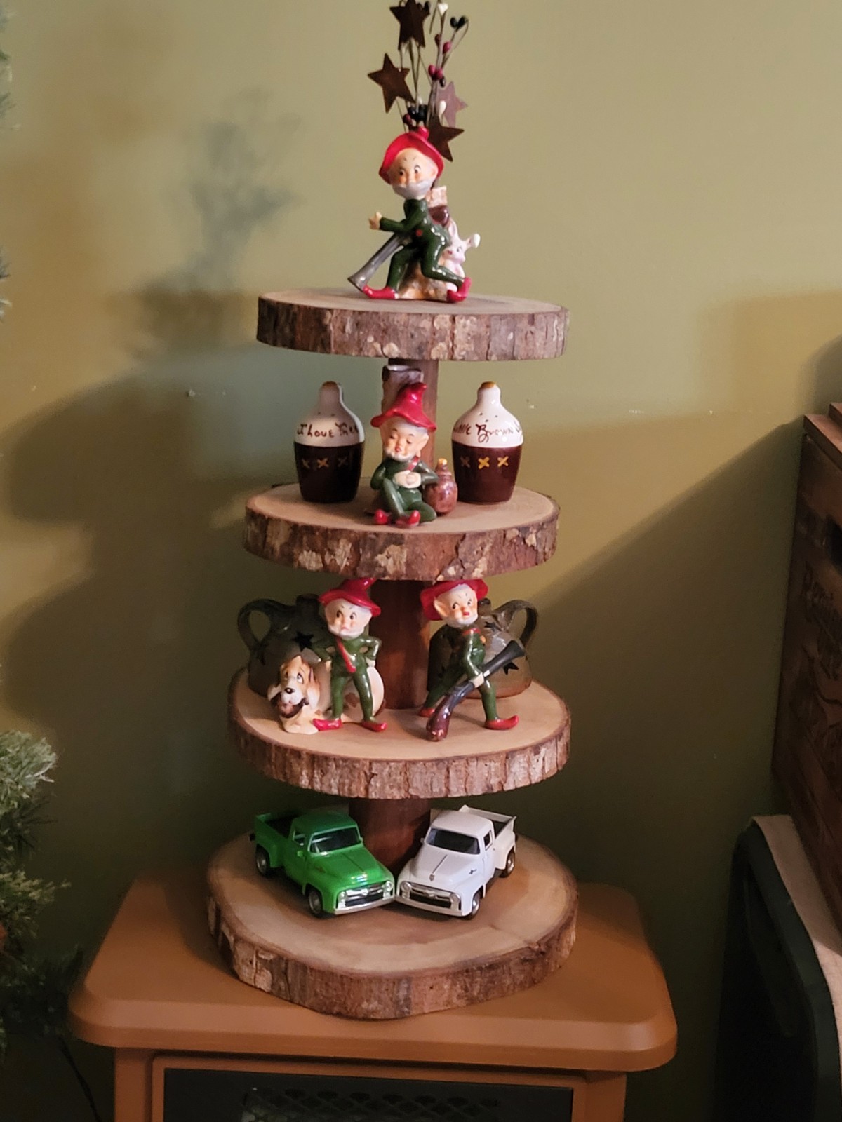 Josef Originals Hillbilly Elf Porcelain Vintage X5, 4 Jugs, Trucks, Wood 4 Tier